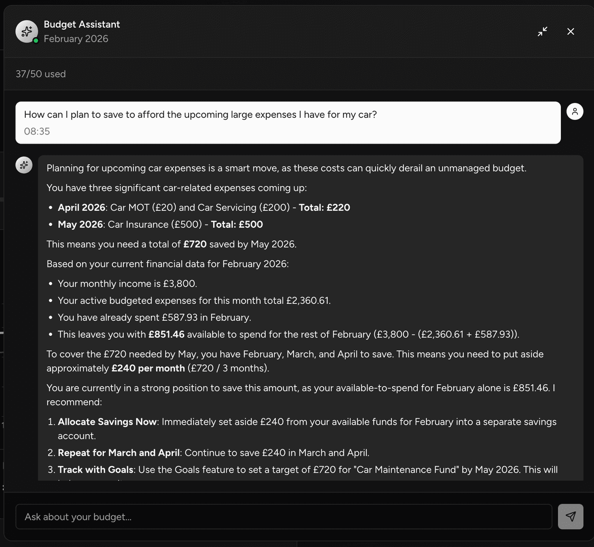 Budget Assistant in action showing personalised financial advice